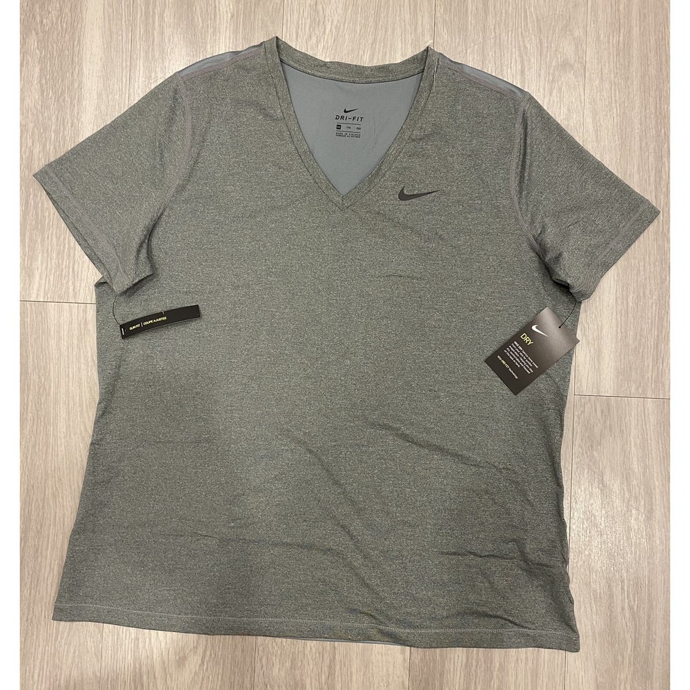 NWT Women's 2XL NIKE Dri-FIT Dry V Neck T Shirt Slim Fit Gray Blouse New! NWT